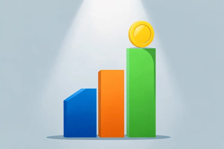 Gráfico de barras ascendente com uma moeda de ouro no topo, simbolizando crescimento financeiro.