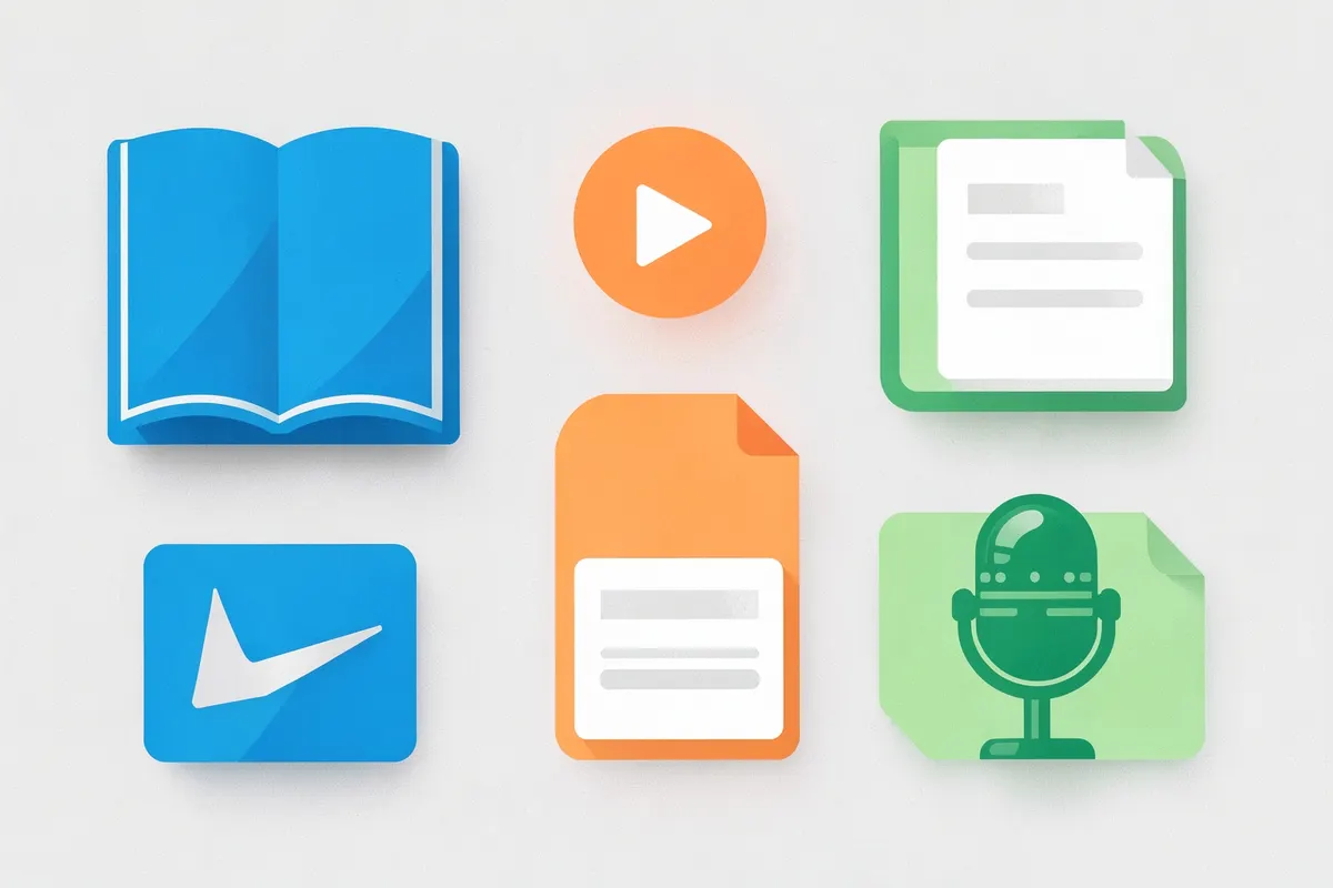 Montagem de ícones representando diferentes tipos de infoprodutos: ebook, curso online em vídeo, template e webinar.