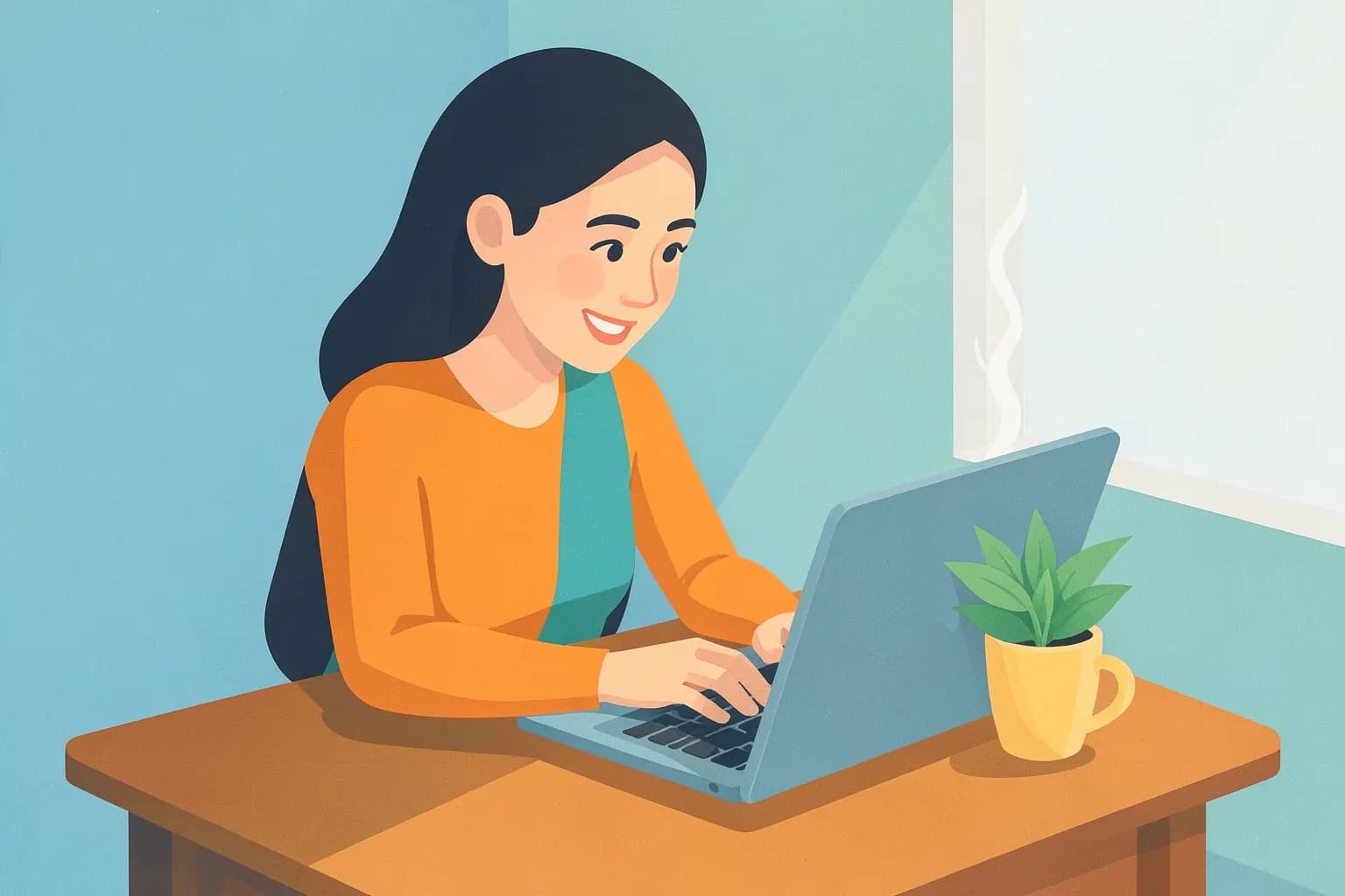 Mulher sorrindo, trabalhando em um notebook em uma mesa com um pequeno vaso de planta e um copo de café, com fundo desfocado de um escritório moderno.