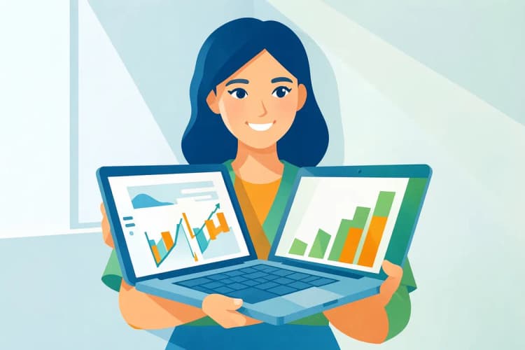 Mulher sorrindo, segurando um notebook aberto com gráficos na tela, em um ambiente de escritório moderno.