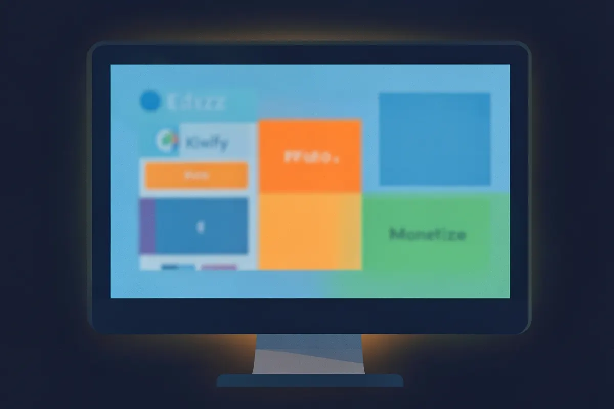 Tela de computador exibindo logos de plataformas concorrentes como Eduzz, Kiwify e Monetizze.