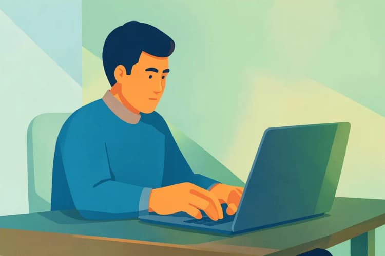 Pessoa sentada em uma mesa, com um notebook aberto, digitando e olhando para a tela com expressão de concentração.