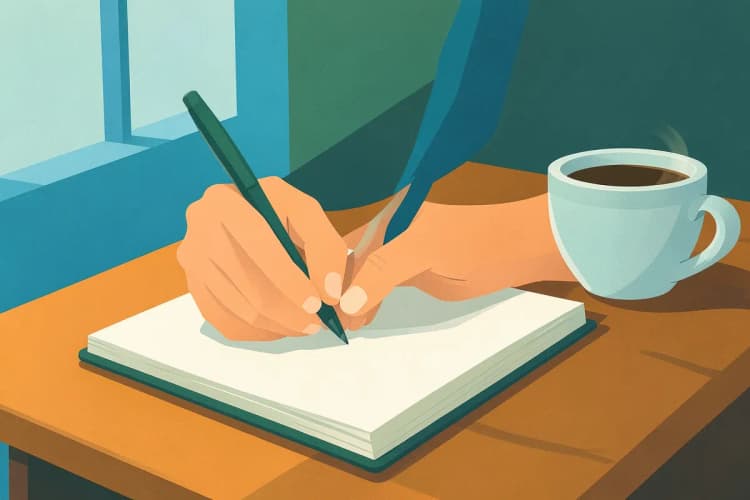 Uma pessoa escrevendo em um caderno com uma caneta, com uma xícara de café ao lado em uma mesa de madeira.