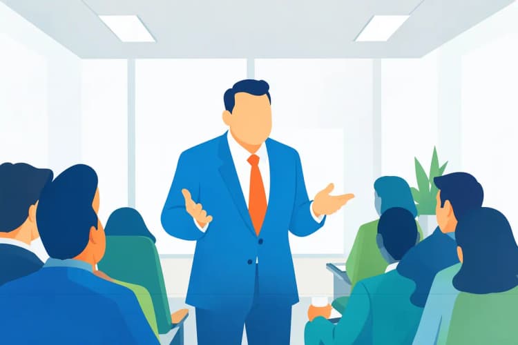 Um profissional de terno gesticula com as mãos enquanto fala em frente a um grupo de pessoas em uma sala de conferências.