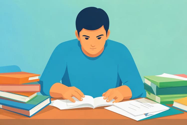 Uma pessoa sentada em uma mesa, cercada por livros e papéis, concentrada em leitura.