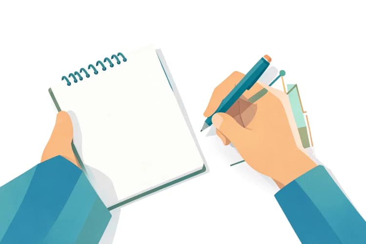 Mãos escrevendo em um caderno com um gráfico de crescimento ao lado.