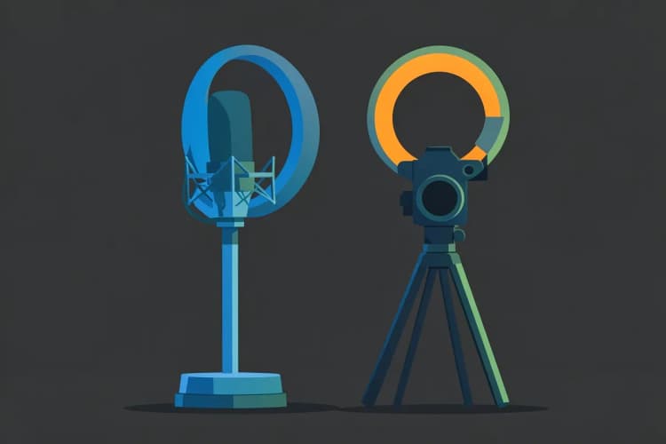 Ambiente de estúdio com microfone, iluminação e câmera, pronto para gravação.