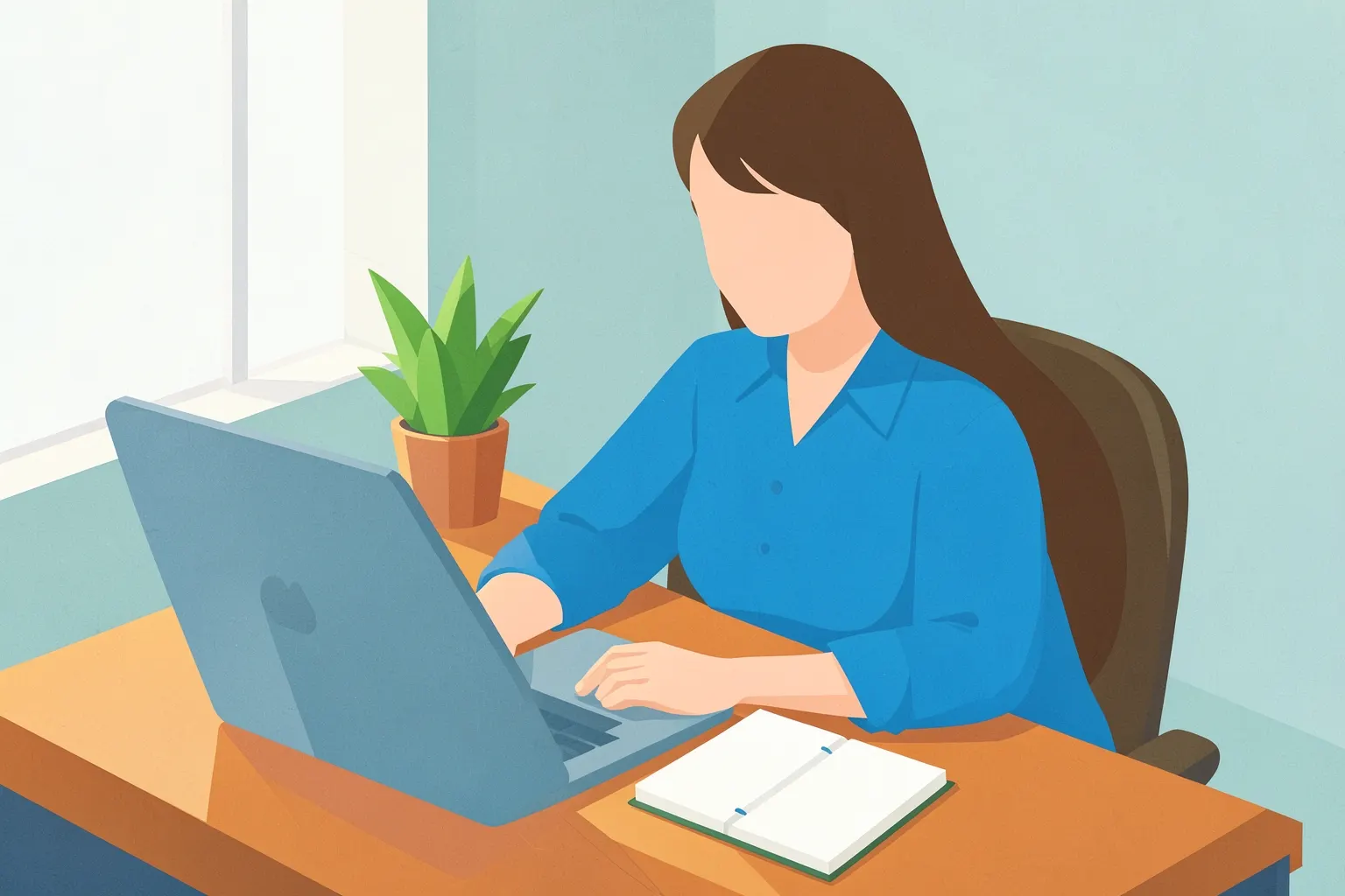 Mulher trabalhando em um laptop em uma mesa com plantas e um caderno aberto, com luz natural entrando pela janela.