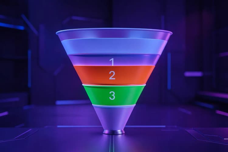 Um funil de vendas com cinco segmentos numerados, em tons de roxo e branco.