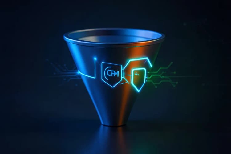 Um funil de vendas integrado a um ícone de CRM, com elementos gráficos de conexão em azul.
