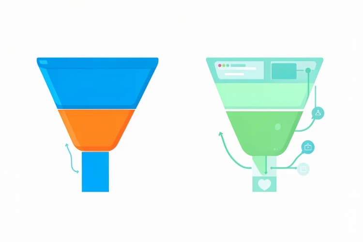 Comparação visual entre um funil de vendas genérico e um sistema CRM com funcionalidades de funil.