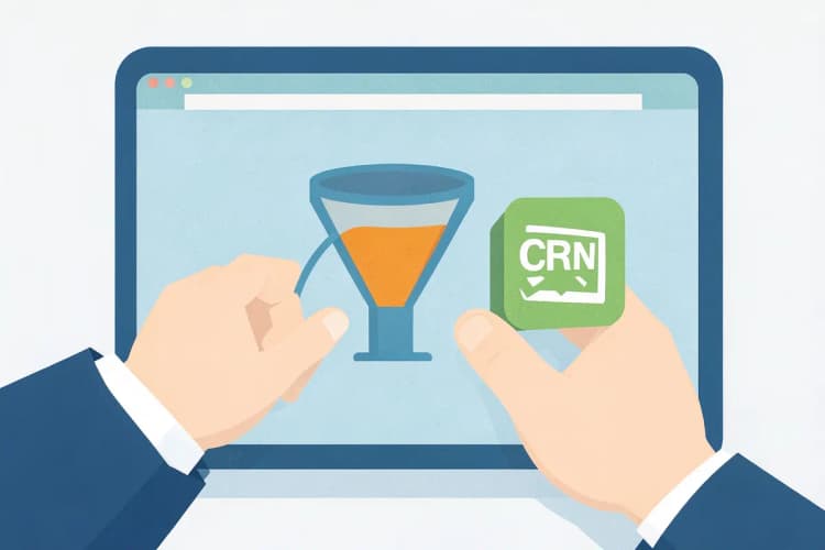 Mãos de um empresário conectando um funil de vendas a um ícone de CRM em uma tela virtual.