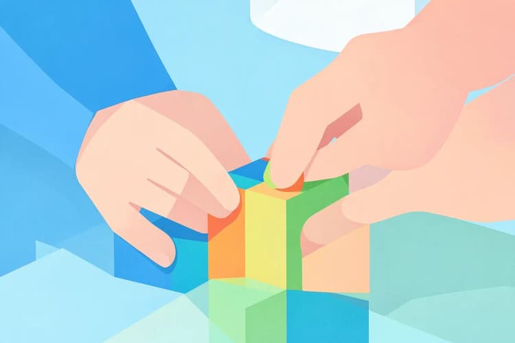 Pessoa organizando blocos de construção coloridos para representar a otimização de um funil de vendas.