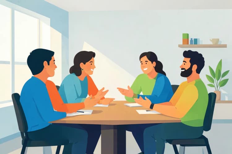 Grupo de pessoas diversas em plano médio, conversando animadamente em uma sala de reunião com luz natural vinda da janela à esquerda, em um momento de colaboração.