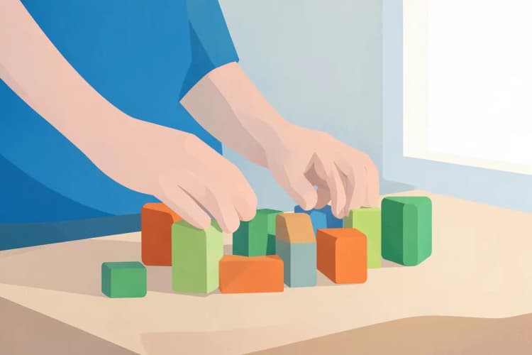Pessoa em plano médio, organizando blocos de madeira coloridos em uma mesa, com luz natural suave vinda da janela à direita, em um momento de estruturação.