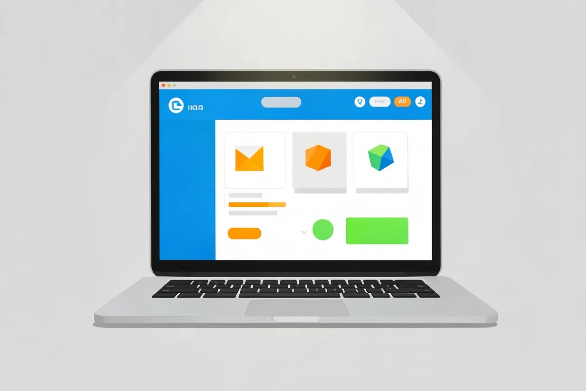 Notebook aberto exibindo uma interface de plataforma de cursos online, em plano detalhe, com luz de escritório vinda de cima, em um momento de navegação.