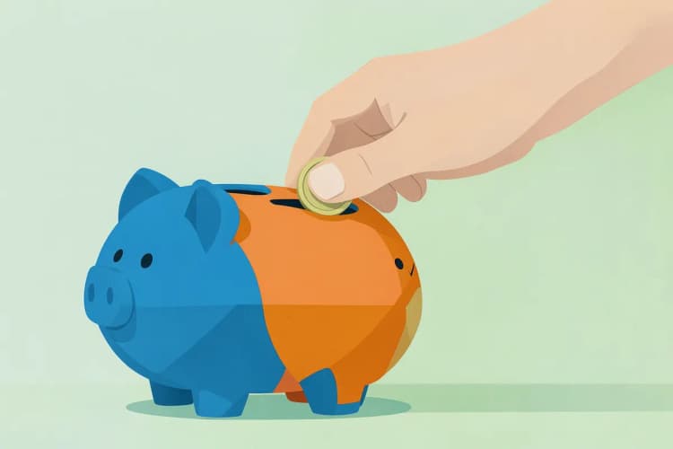 Mão colocando uma moeda em um cofrinho em forma de porco, em plano detalhe, com luz de estúdio vinda da frente, em um momento de economia.