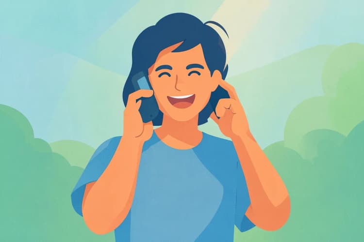 Pessoa em plano médio, sorrindo e gesticulando enquanto fala ao celular, em um ambiente externo com luz solar vinda de cima, em um momento de divulgação.