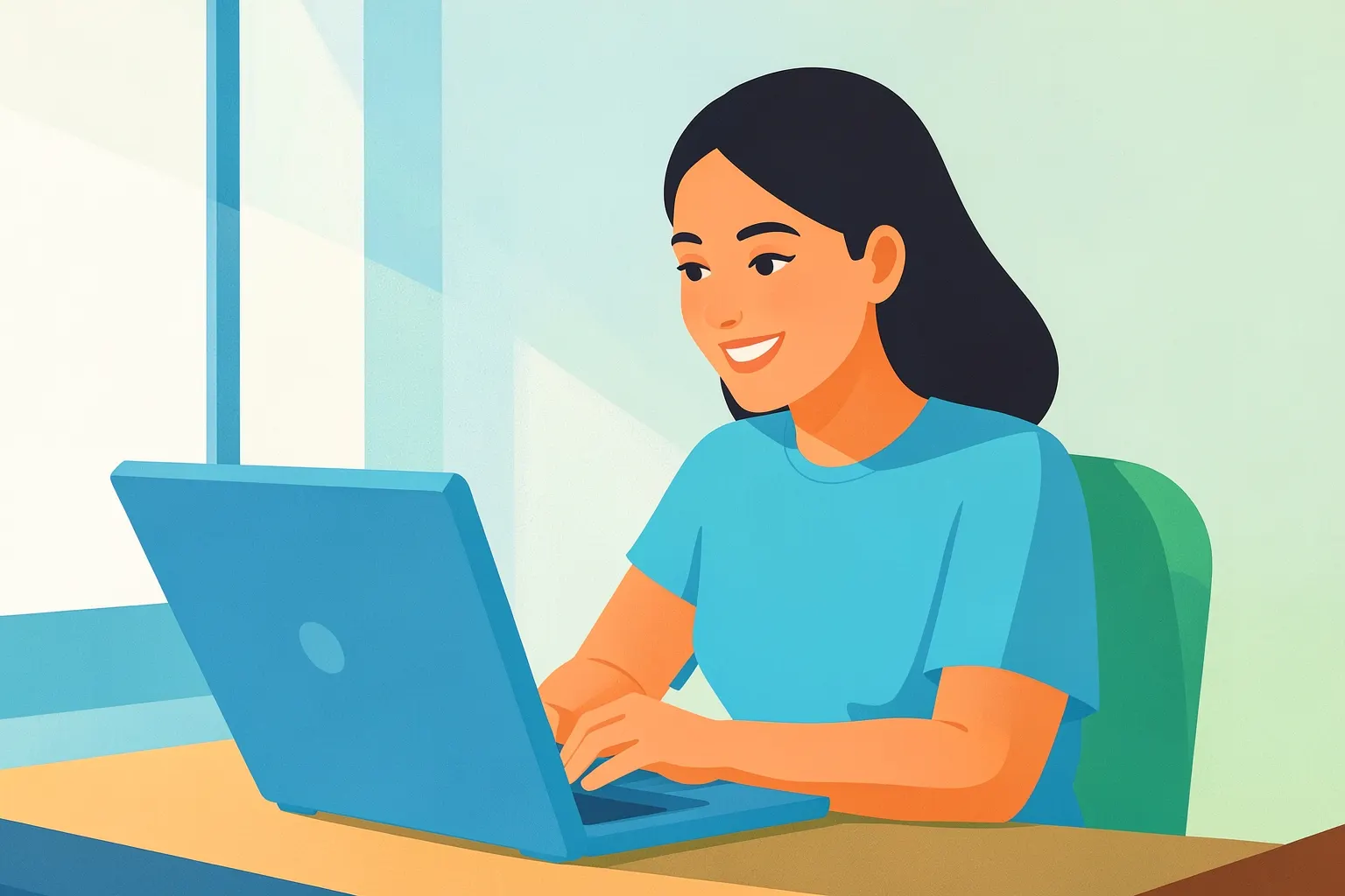 Mulher sorrindo, em plano médio, sentada em frente a um notebook aberto em um ambiente de trabalho claro, com luz natural vindo da janela à sua esquerda, em um momento de concentração.