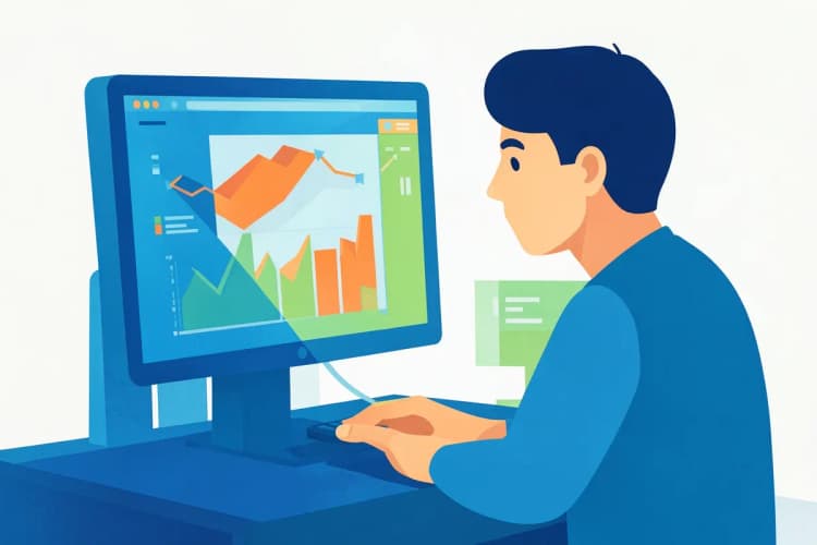 Uma pessoa analisando dados em um computador com gráficos e números.
