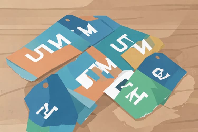 Uma coleção de etiquetas de marketing com a sigla UTM, algumas delas rasgadas ou ilegíveis.