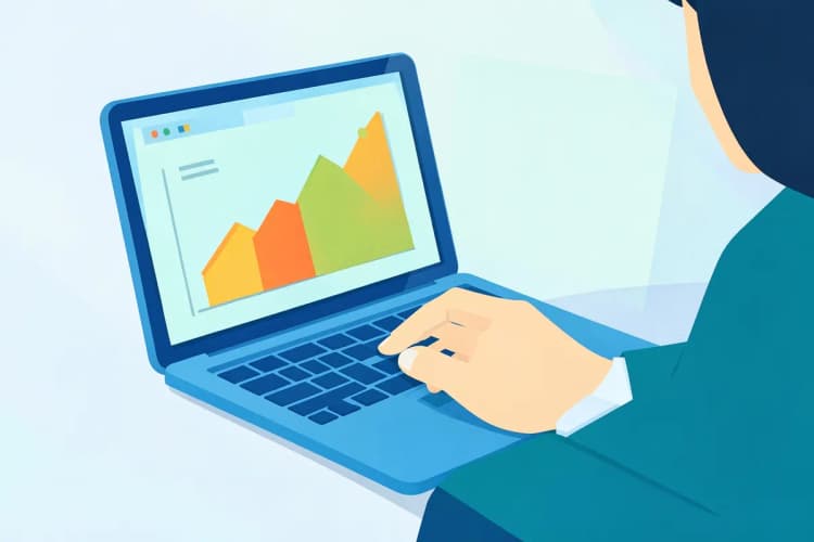 Uma pessoa digitando em um laptop com gráficos de crescimento na tela