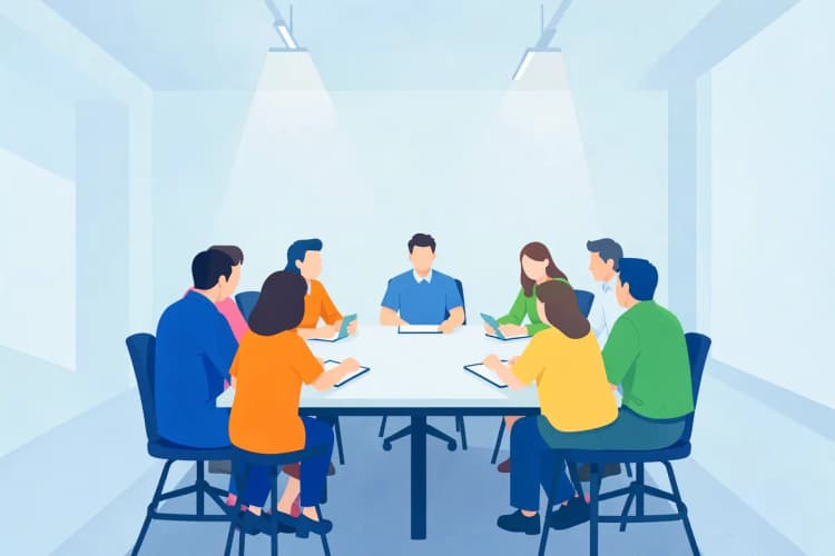 Um grupo de pessoas em uma sala de reunião discutindo ideias em torno de uma mesa.