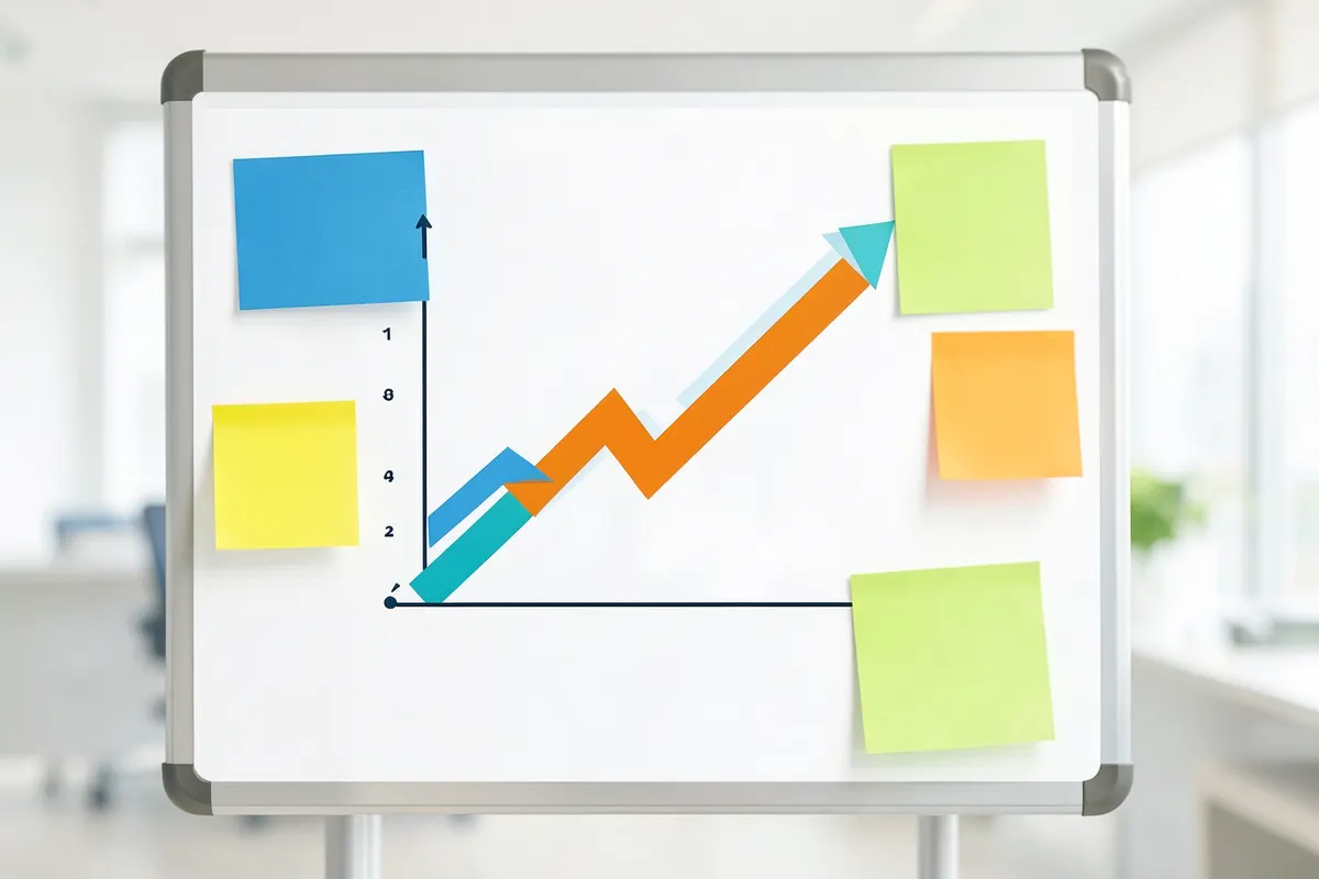 Um gráfico de crescimento em um quadro branco com post-its coloridos ao redor.