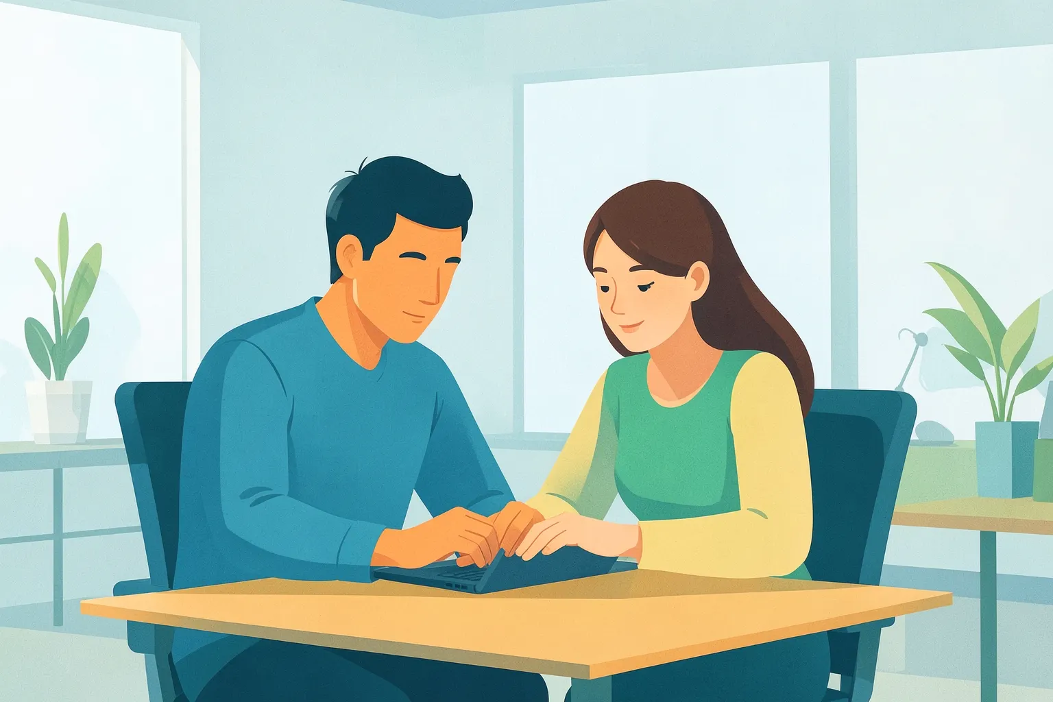 Um homem e uma mulher trabalhando juntos em um laptop em um escritório moderno.
