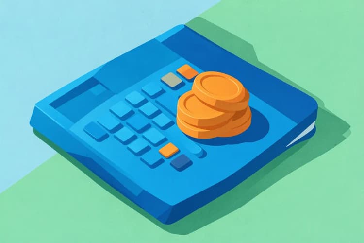 Calculadora e moedas sobre um caderno fechado.