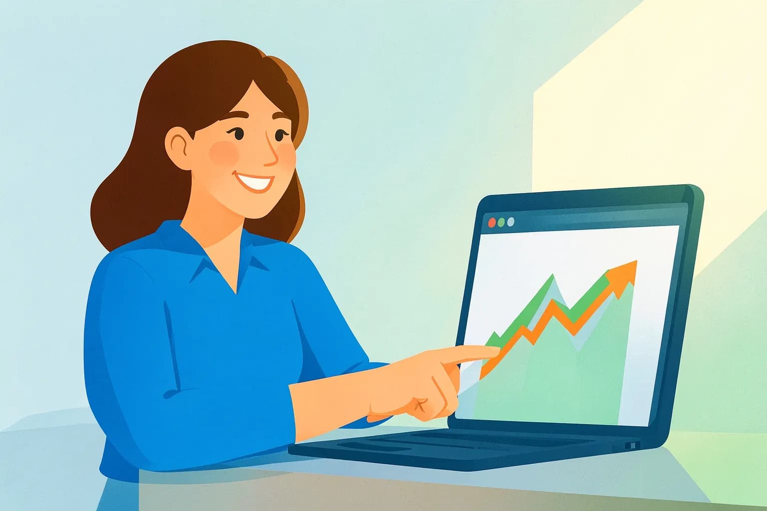 Mulher sorrindo e apontando para a tela de um notebook com gráficos de vendas subindo.