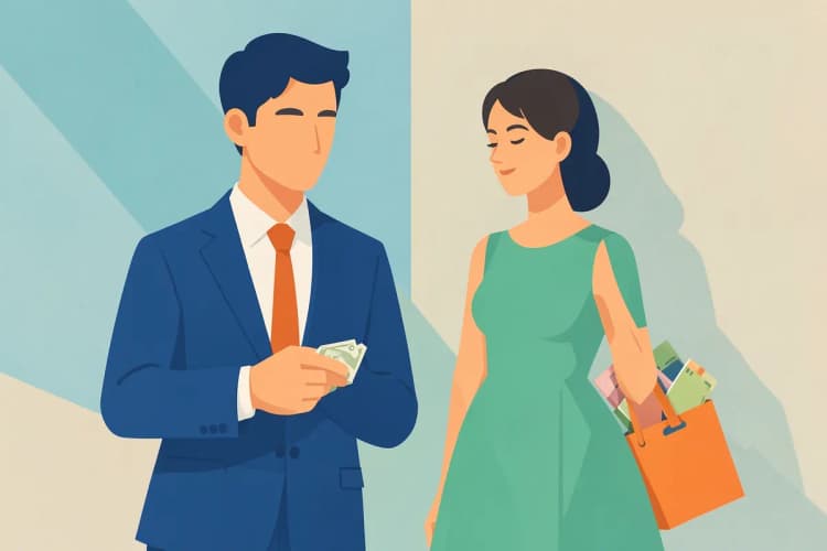 Um homem de terno segurando uma nota de dinheiro e uma mulher de vestido segurando uma sacola de compras com produtos de baixo valor.