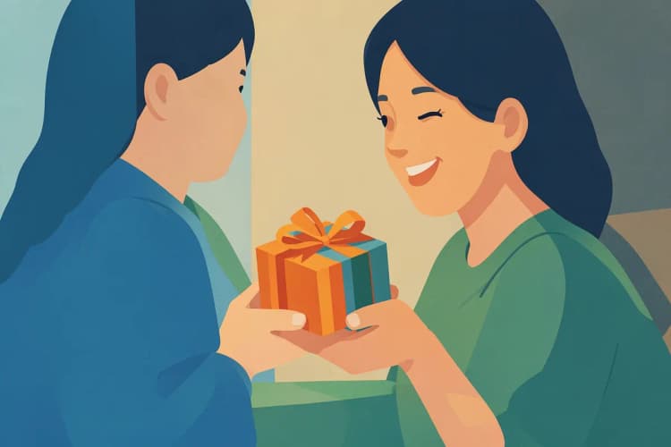 Uma pessoa feliz recebendo uma pequena caixa de presente com um laço.