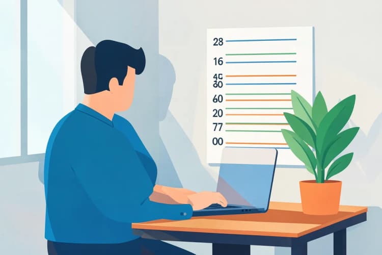 Uma pessoa usando um laptop em uma mesa com um gráfico de crescimento e uma planta.