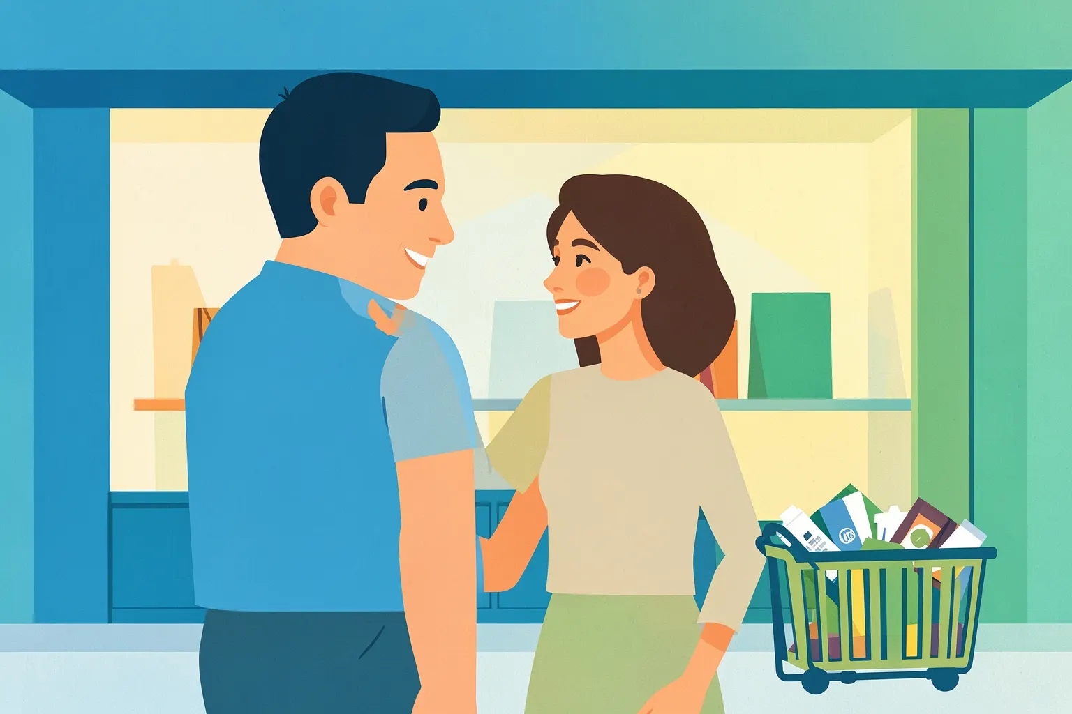 Um homem e uma mulher sorrindo, olhando um para o outro em frente a uma loja com vitrine de produtos de luxo e uma cesta de compras com produtos de baixo valor.