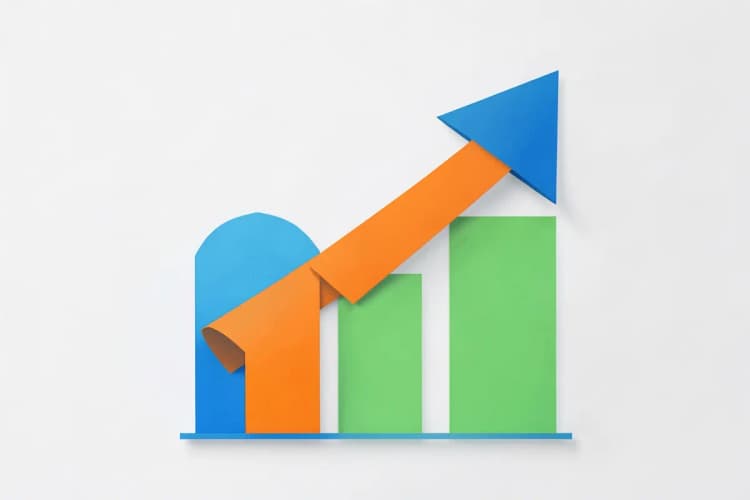 Gráfico de barras mostrando crescimento financeiro com uma seta subindo