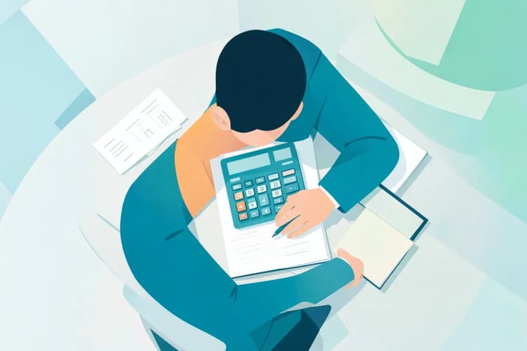 Uma pessoa calculando custos em um caderno com uma calculadora e notas ao lado