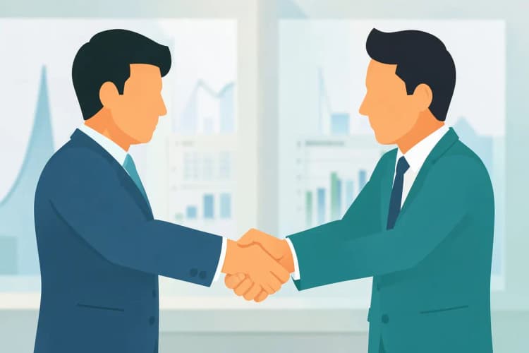 Duas pessoas apertando as mãos em um acordo com gráficos desfocados ao fundo