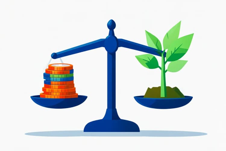 Uma balança com moedas de um lado e uma planta crescendo do outro, simbolizando custo e valor