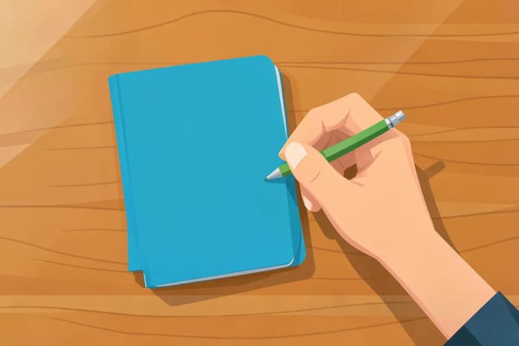 Uma pessoa escreve em um caderno fechado com uma caneta ao lado, em uma mesa de madeira.