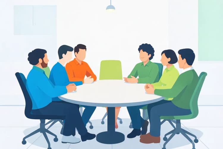 Um grupo de pessoas sentadas em volta de uma mesa redonda, conversando e gesticulando.